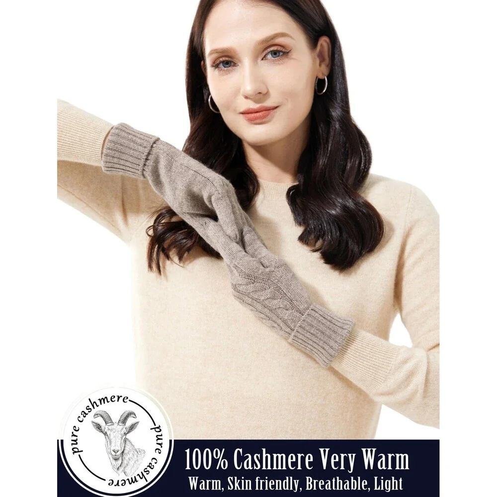 VIKIDEER Women's Camel Touchscreen 100% Pure Cashmere Gloves Ladies Soft Knit
